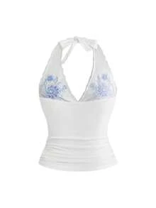 ROMWE Hippie Women's Printed Halter Elegant Tank Top - White - View 2