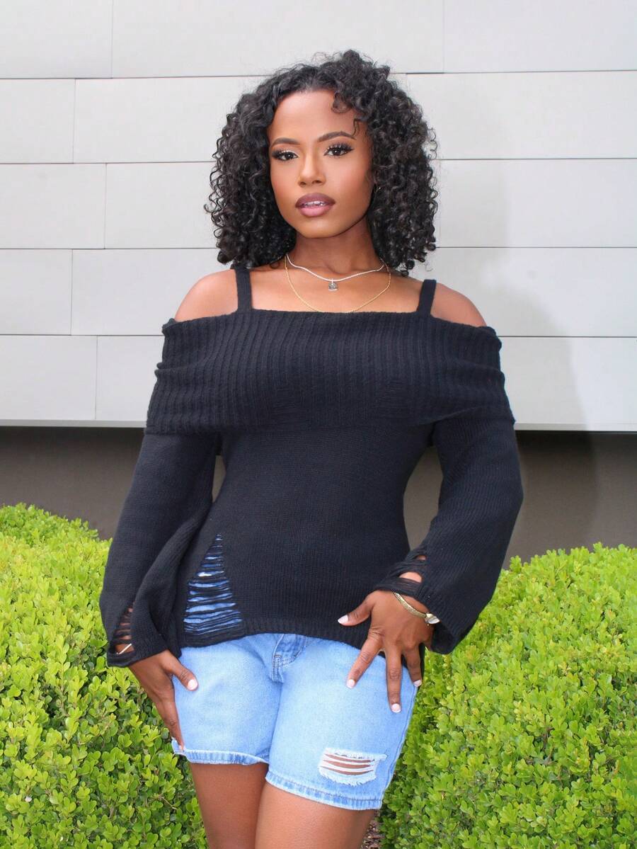 Steph T Áo len hở vai phong cách Punk Dark thời trang thiết kế rách rưới quấn eo - màu đen - Xem 1