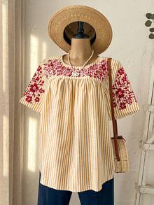 Rusticease Plus Size Women's White Summer Boho Vacation Holiday,Short Sleeve Striped Floral Print Blouse,Spring Round Neck Casual Country Smock Tops - Mustard Yellow - View 3