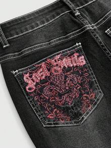 ROMWE Grunge Punk Women's Leopard Print Embroidered Jeans - Black - View 4