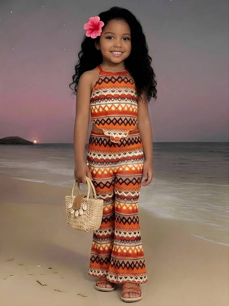 Bộ 2 món cho bé gái gồm áo hai dây cổ yếm kẻ sọc và quần ống loe, trang phục thường ngày thoải mái, thời trang cho cắm trại, bãi biển, gia đình/đồ đôi. - Màu nâu  Mocha - Xem 1