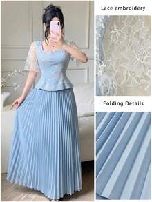 Modelyn 春夏优雅蓝色方领花瓣袖蕾丝修身上衣和百褶裙套装 - 藍色 - 查看 8