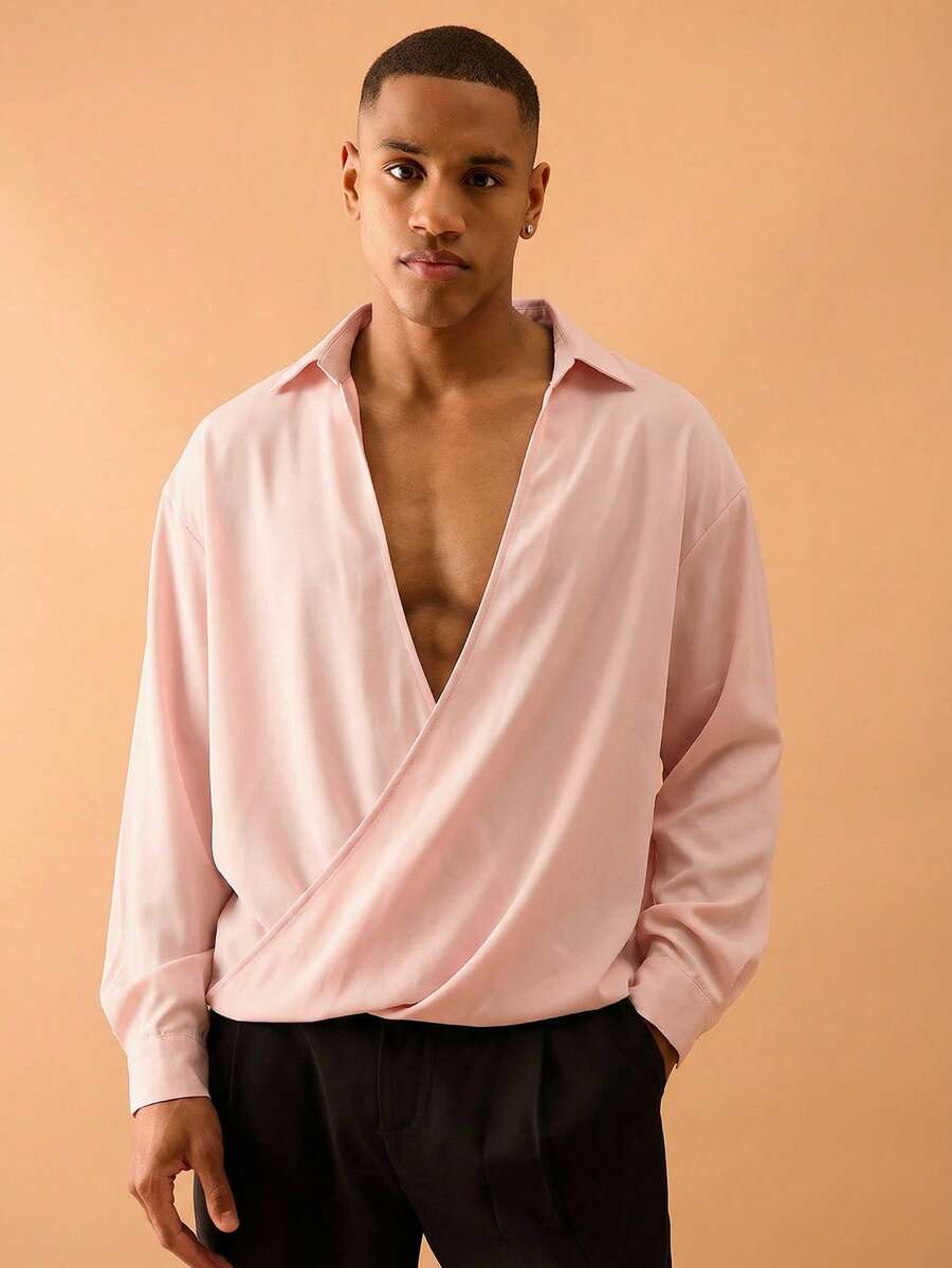 Musero Camisa de Manga Longa Estilo Chiffon Drapeado, Apenas para Verão, Estilo Inteligente de Rua, Férias, Primavera e Verão - Rosa chiclete - Visão 1