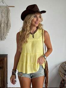 LanaWest Loose Fit Women's Solid Color Round Neck Ruffle Trim Vest, Suitable For Vacation, Office, Daily Wear, Western Style, Bohemian Style, Babydoll - Yellow - View 3
