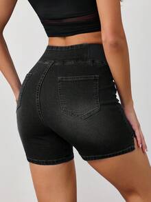 SHEIN Tall 女款彈性腰口袋修身牛仔短褲 Jorts，適合高個女性 - 黑色 - 查看 3