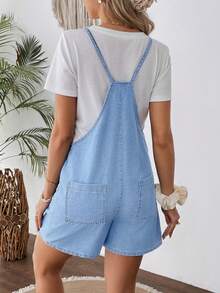 SHEIN Quần yếm denim màu xanh dương dành cho bà bầu - Rửa nhẹ - Xem 2