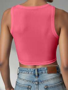 EMERY ROSE Camiseta sin mangas de talla grande de unicolor con cuello redondo y ajuste acanalado - Rosado Sandía - Ver 2
