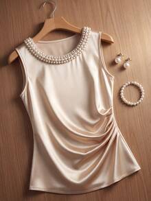 Franclia Áo sơ mi nữ thời trang, thanh lịch, thường ngày, không tay, cổ tròn, chất liệu satin đính ngọc trai. - Màu be - Xem 4