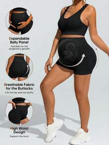 SHEIN Set de pantaloni scurți sport și sutien sport pentru maternitate, culoare uni, cu model încrucișat - Negru - Vizualizare 10