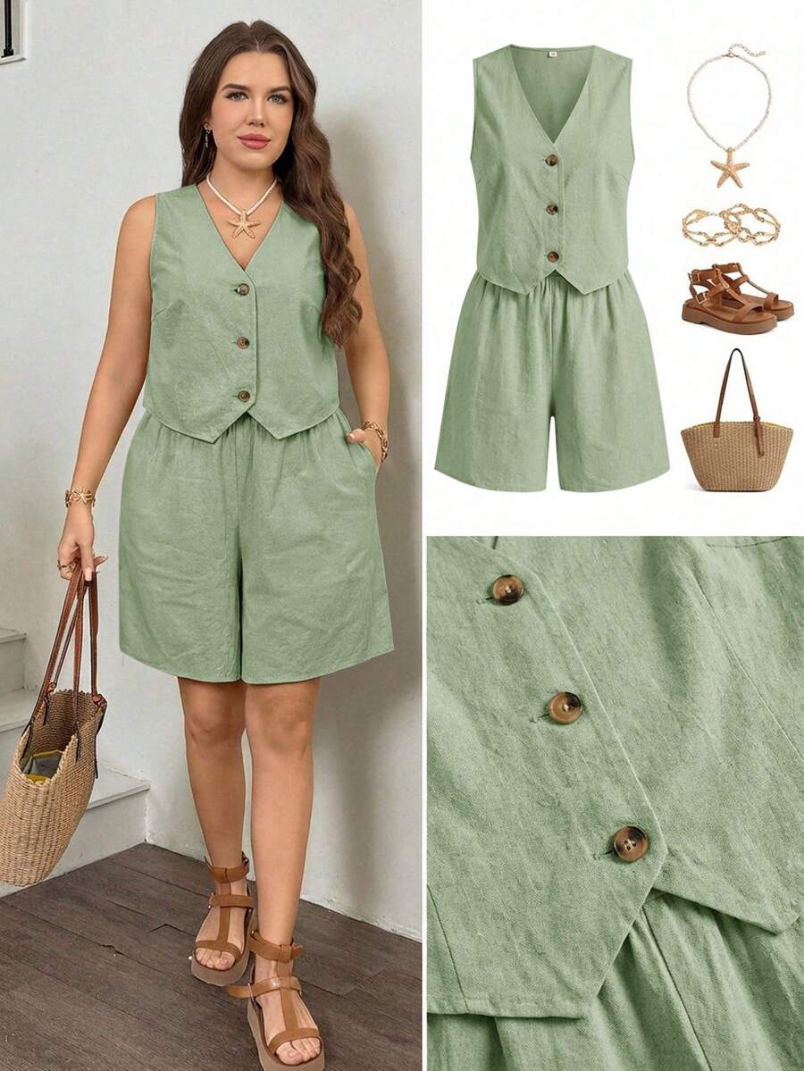 SHEIN LUNE Conjunto de 2 piezas de talla grande para mujer, con chaleco sin mangas de cuello en V y pantalones cortos, de estilo casual y sencillo para el verano y las vacaciones - Verde - Ver 1