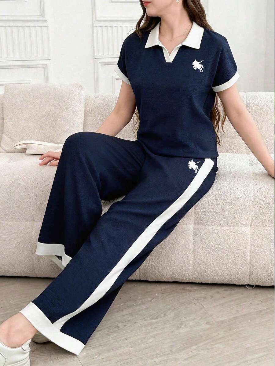 少女休闲百搭日常及假日黑白撞色滚边无袖圆领T恤+阔腿梭织裤套装 - 藏蓝色 - 查看 1