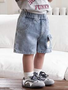 Toddler Boys' Bear Pattern Light Blue Denim Loose Cargo Shorts, Toddler Clothes, Blue Jeans For Boys, Babies Clothes For Boy, Jeans For Baby - Light Wash - View 4