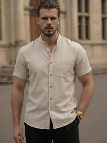 HIMLAND Plain Minimalist Front Button Woven Short Sleeve Shirt, Summer Fashion Apricot Men Shirt Men Short Sleeve Button Linen Men's Clothes Tan Button Up Shirt Men Beige Button Up Men - Khaki - View 4