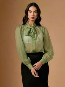 Briarwyn 女士优雅通勤纯色系带领衬衫 - 綠色 - 查看 5