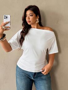 Plus Size Asymmetric Shoulder Loose Waist Ruched Slim Fit Basic T-Shirt / White Ruched Waist Slim Fit Asymmetric/Off Shoulder T-Shirt / Short Sleeve / Elegant Office Wear / Mermaid Style High-End Party Outfit - White - View 4