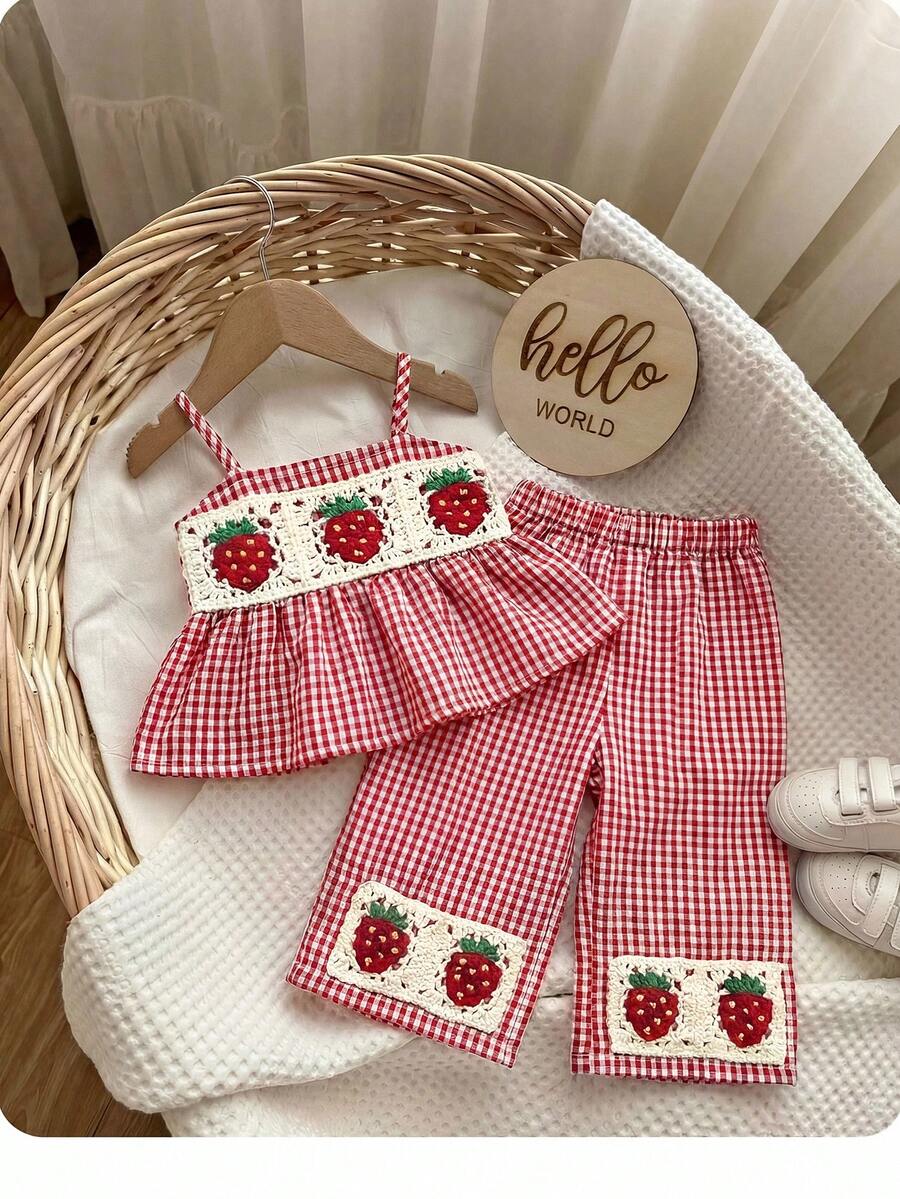 两件套女婴度假休闲杏色可爱红白格子草莓图案吊带背心和裤子套装 - 紅色 - 查看 1