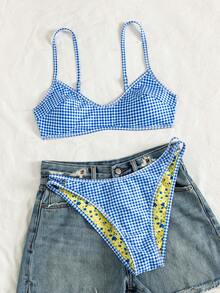 SHEIN Swim Vcay Bộ bikini hai dây họa tiết hoa kẻ caro gợi cảm, thích hợp cho kỳ nghỉ hè trên bãi biển, có thể mặc hai mặt. - Nhiều màu - Xem 4