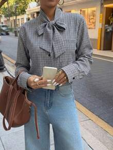 Elyressa Women's Casual Plaid Tie Collar Blouse, Spring/Autumn - Blue and White - View 4