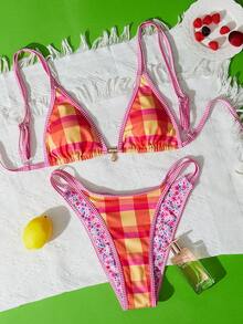 Swim Mod 女士夏季新款格子碎花性感露背三角比基尼两件套，适合海滩、游泳、度假 - 彩色 - 查看 3