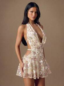 SHEIN BAE Đầm ngắn gợi cảm bằng vải lưới đính sequin, cổ khoét sâu, hở lưng, buộc dây phía trước, phong cách đi biển dành cho nữ. - Màu be - Xem 6