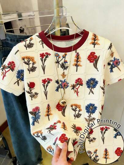 Resyla Women's Floral Print Round Neck Short Sleeve T-Shirt