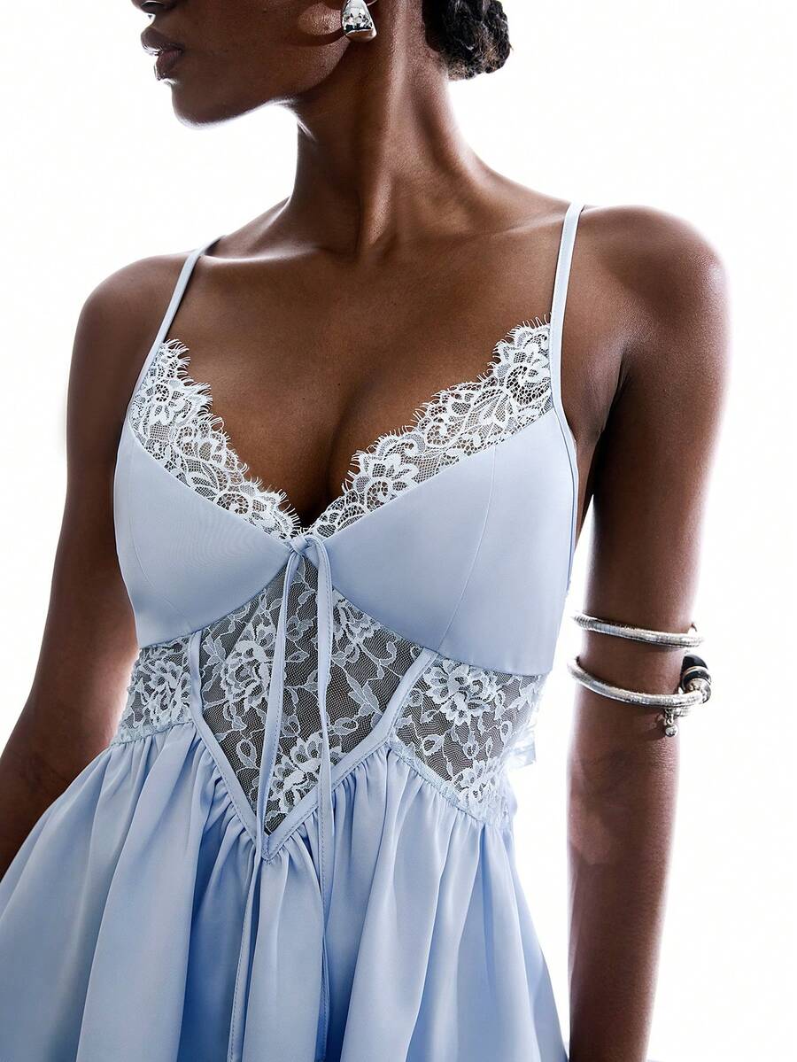 LYSMO Damen hellblau Sommer elegantes Kontrast Spitze Rüschen Saum Camisole Top, Minimalismus Frühling Date Night Festival Party Strand Urlaub Top, Y2K - Beige - Übersicht 1