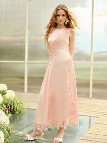 MOTF PREMIUM WOMEN'S ROMANTIC LACE PATCHWORK SLEEVELESS MID-LENGTH DRESS - Dusty Pink - View 4