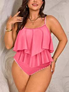 SHEIN Swim Lushore 2pcs Plus Size Women Green Spaghetti Strap Double Ruffle Trim Top And High Waist Ruffle Trim Pants Set, Summer Beach Holiday - Pink - View 5