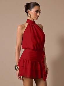 SHEIN BAE Sleeveless Ruffle Hem Fitted Mini Sundress, Elegant Sweet Cute Dress For Romantic Dates, Parties, Weddings, Summer Occasions,Summer Dresses For Women - Red - View 4
