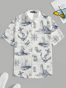 VIVINTIMO Plus Size Men's Anchor & Nautical Print Casual Shirt, Suitable For Daily Wear, Vacation And Travel, Holiday - Multicolor - View 2