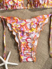 Swim Mod 两件式印花挂脖荷叶边比基尼套装，性感泳装，适合春夏海滩度假，印花比基尼两件套泳装，Zestiva泳装，度假邮轮旅行海滩日光浴休闲装，春夏精选热带泳装 - 彩色 - 查看 3