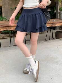 DAZY 女款純色蛋糕裙附安全內褲校園風 - 藏蓝色 - 查看 6