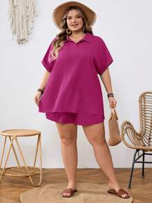 SHEIN CURVE+ Curve 尺码 US22 音乐节、海滨度假、波西米亚休闲纯色衬衫短裤套装 - 玫紅色 - 查看 7