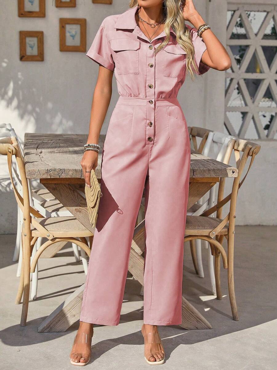 EMERY ROSE Women's Solid Color Front Button Casual Short Sleeve Jumpsuit, Spring/Summer