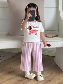 SHEIN 两件套女婴夏季时尚简约街头风白色短袖T恤（黑色刺绣装饰）搭配杏色条纹裤，适合日常上学穿着 - 粉色 - 查看 9