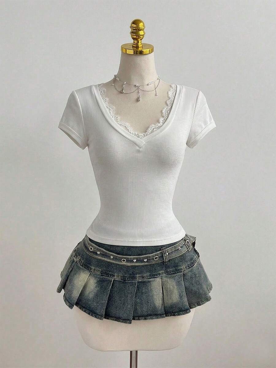 Elamini Casual Lace Patchwork Deep V-Neck Grey Slim Fit Short Sleeve T-Shirt, Spring/Summer - White - View 1