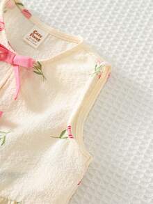 Cozy Pixies Baby Girl Floral Print Contrast Color Bow Decor Sleeveless Top And Elastic Waist Shorts 2Pcs Set - Pink - View 5