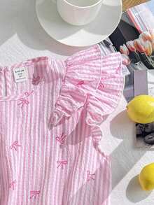 SHEIN 青少年女孩休閒極簡舒適圓領荷葉邊上衣與長褲兩件套 - 粉色 - 查看 3