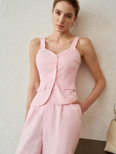MOTF PREMIUM GETEILTES DESIGN ROSA MUSCHELKNOPF DEKOR ÄRMELLOSE SLIM FIT WESTE