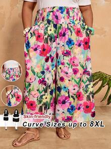 SHEIN CURVE+ 大码女式印花束腰宽松阔腿裤，带口袋，休闲度假风，春夏女裤，波西米亚风度假裤，花卉/春季 - 彩色 - 查看 2