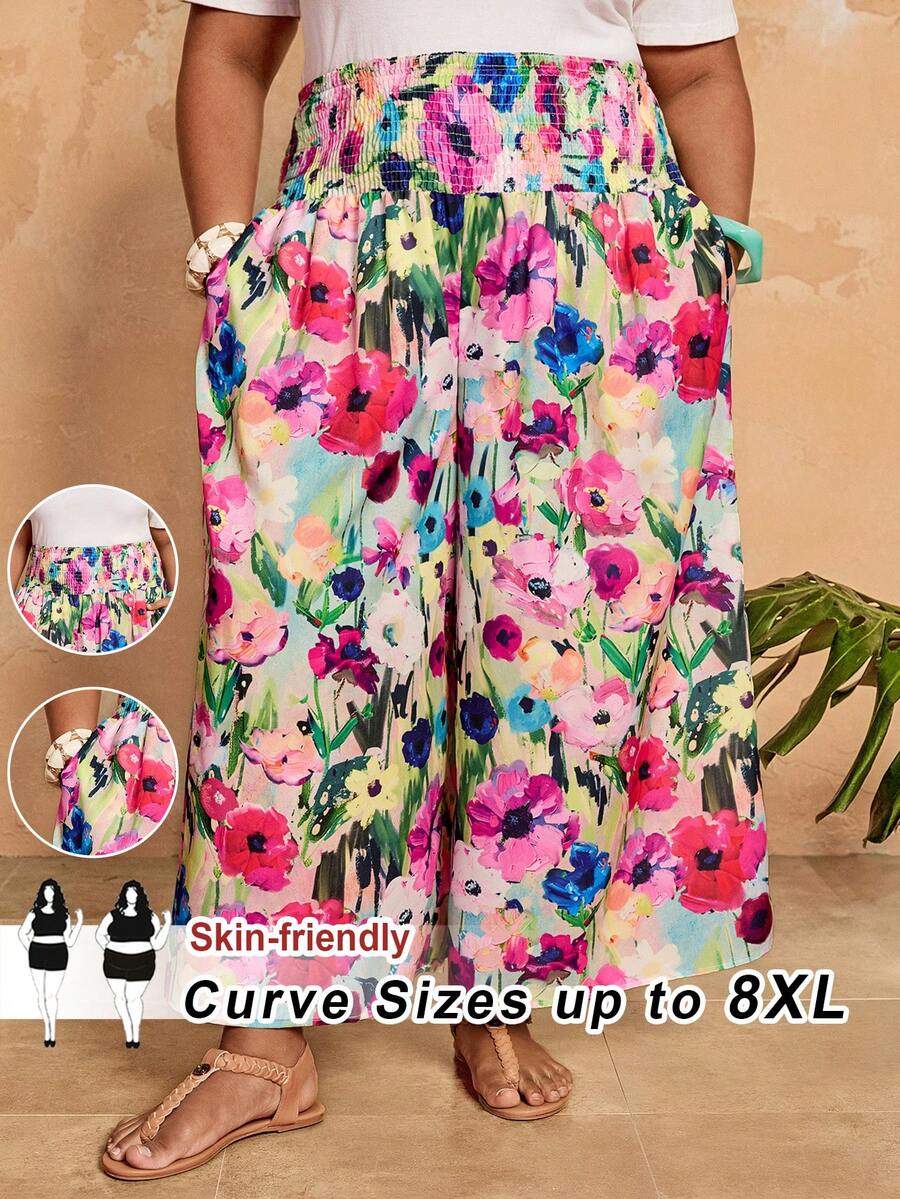 SHEIN CURVE+ 大码女式印花束腰宽松阔腿裤，带口袋，休闲度假风，春夏女裤，波西米亚风度假裤，花卉/春季