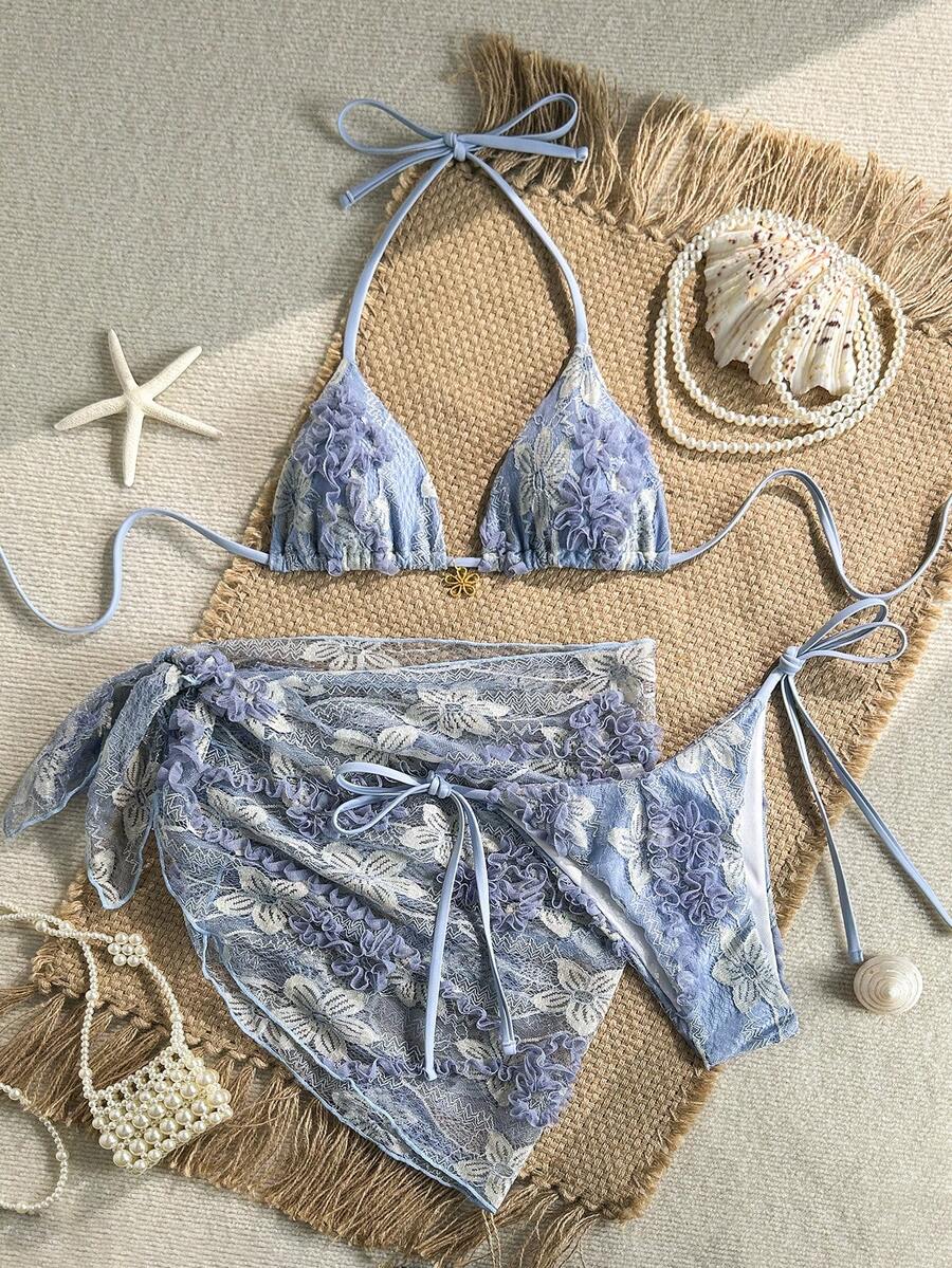 Swim Mod 泳装MOD三件套,春夏度假风,花卉纹理面料,金色花卉装饰,挂脖三角文胸,侧系带比基尼泳裤和纱笼裙,性感女士泳装三件套,Zestiva泳装斑马纹比基尼上衣套装,适合海滩度假,动物园主题,赞特岛度假套装 - 霧霾藍 - 查看 1