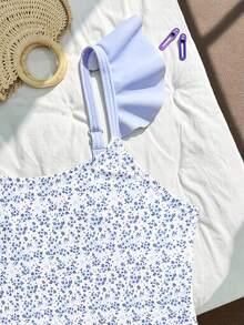 SHEIN Vintaside Kids 女童碎花连体泳衣，荷叶边裙摆，适合游泳、夏季度假、海滩、泳池 - 粉色 - 查看 5