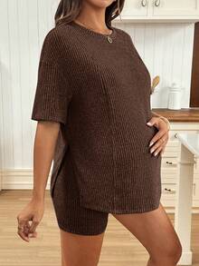 SHEIN 2pcs Maternity Set: Solid Color Round Neck Nursing Functional Top And Adjustable Waist Casual Shorts - Coffee Brown - View 4
