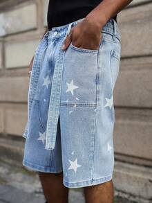 Manfinity EMRG Quần short denim nam màu xanh dương, kiểu dáng thường ngày, in họa tiết và có miếng vá. - Rửa nhẹ - Xem 3
