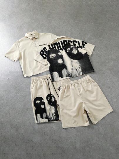 PAVTROS Bộ 2 món áo sơ mi ngắn tay và quần short nam in hình khẩu hiệu, chất liệu dệt kim, áo crop top và quần short cạp chun, phong cách đường phố, trượt ván, retro thập niên 90, kiểu poster, phù hợp cho dạo phố, quán bar, lễ hội âm nhạc, tụ họp đường phố, quà tặng ngày lễ.