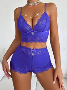 Softscene Pearl Chain Decor Sexy Lace Camisole & Shorts Pajama Set - Blue - View 5