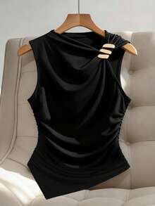 SHEIN CURVE+ 大码女式休闲百搭侧边褶皱金属扣装饰吊带衫 - 黑色 - 查看 1