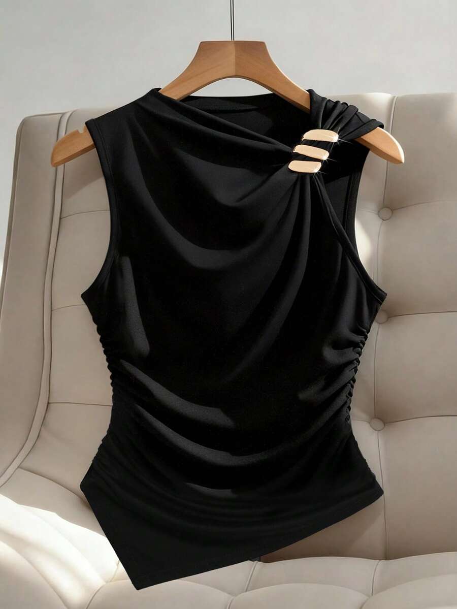 SHEIN CURVE+ 大码女式休闲百搭侧边褶皱金属扣装饰吊带衫 - 黑色 - 查看 1