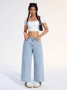 SHEIN ICON Plus Size Women Casual Versatile Frayed Hem Wide Leg Jeans - Blue and White - View 5